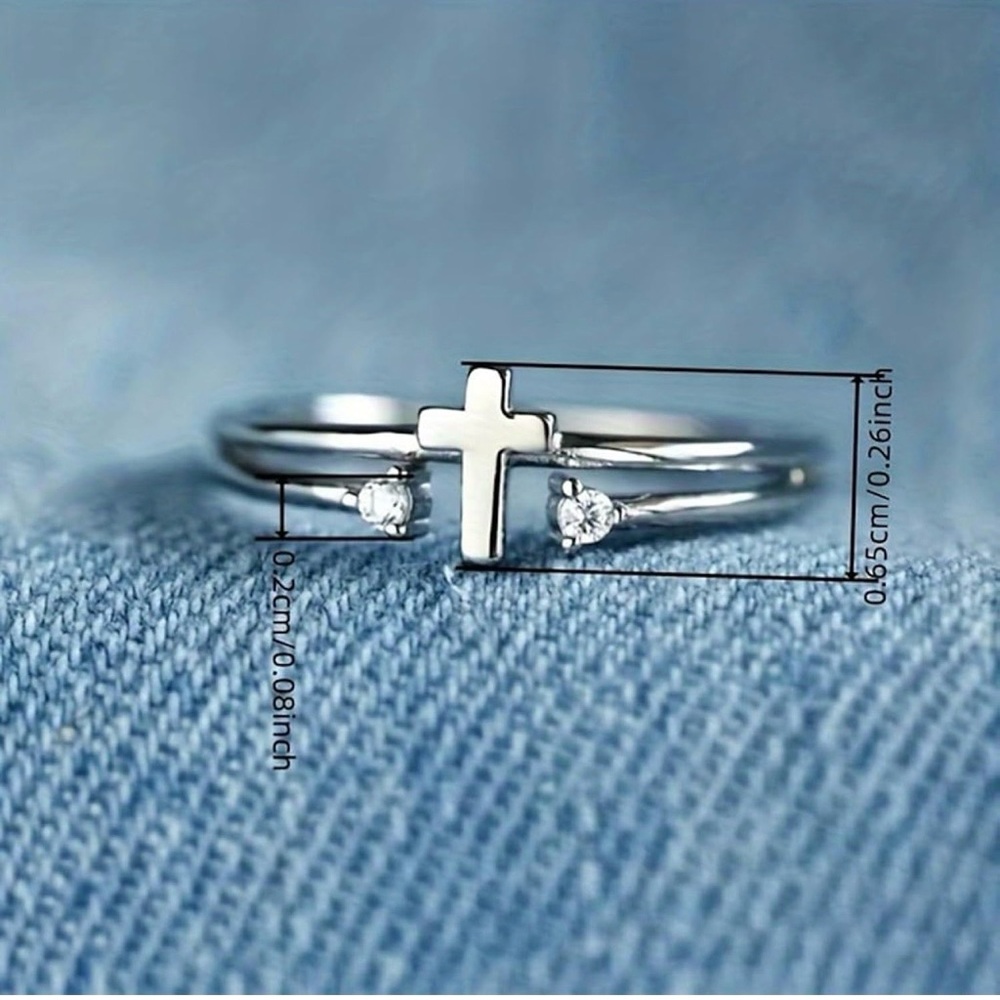 White Gold Plated Cross Ring with CZ | Minimalist Faith Ring - Picture 5 of 5